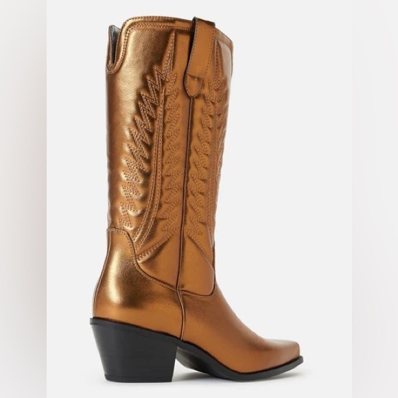 New - Zahra Western Metallic Bronze Heeled Cowboy Boots - Picture 3 of 8